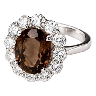 14K White Gold Huge Smokey Quartz Diamond Ring Band For Sale
