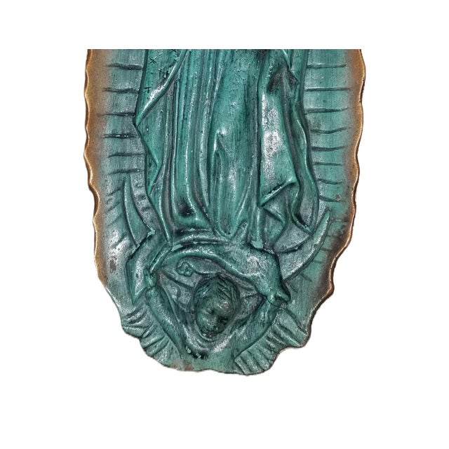 Religious Antique Verdigris Bronze Relief Sculpture Plaque of Our Lady Guadalupe For Sale - Image 3 of 9