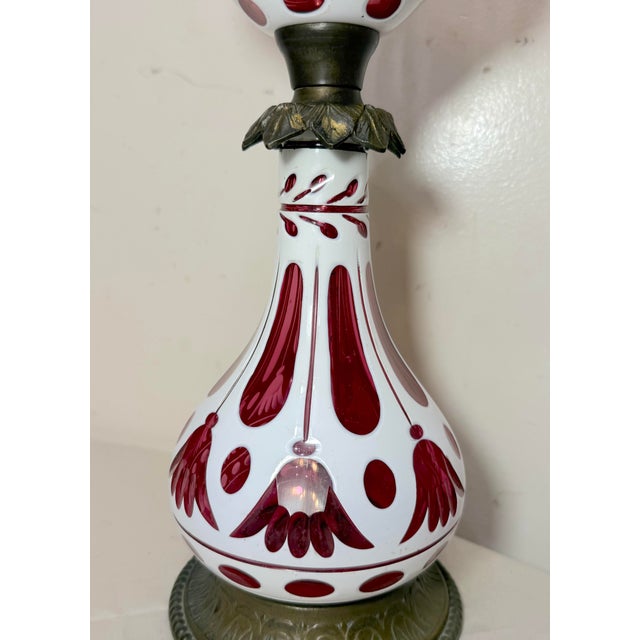 19th Century Antique 1800's Cut to Clear Cranberry Glass Stourbridge Bronze Oil Table Lamp For Sale - Image 5 of 14