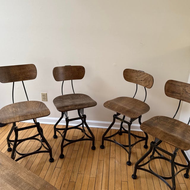 Rare 8 Matching Original Toledo Stools With Custom Table Made From Vintage Work Table Top and Unique Iron Legs For Sale - Image 11 of 12