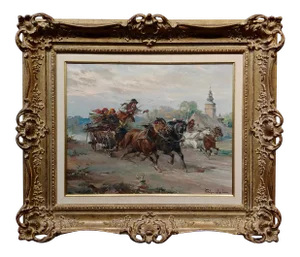Wladyslaw T. Chmielinski -Village Horse Racing Through a Polish Landscape-Oil Painting