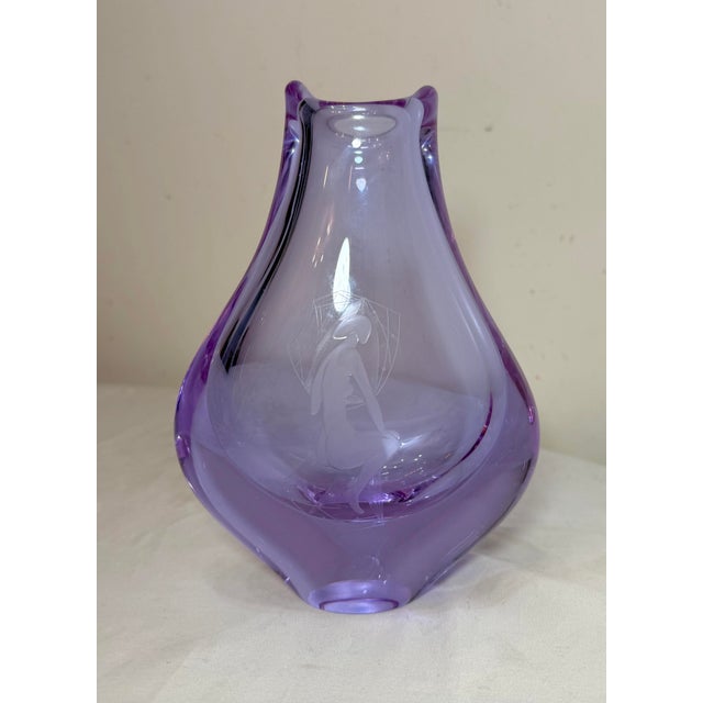 This vintage hand-blown Miroslav Klinger purple glass crystal Czech art glass vase is a stunning piece that showcases...