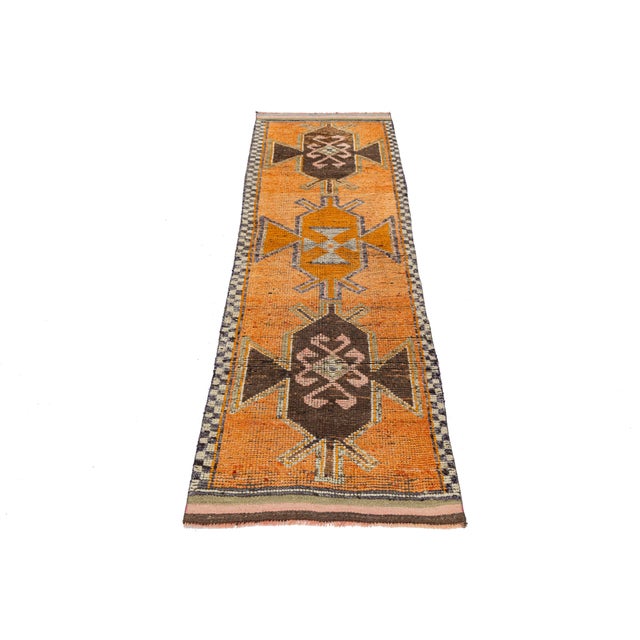 Turkish 3 X 11 Vintage Turkish Wool Runner in Orange With Geometric Pattern For Sale - Image 3 of 10