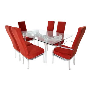Mid Century Modern Set of Six Dining Chairs and Table in Lucite Chrome Glass - 7 Piece Set