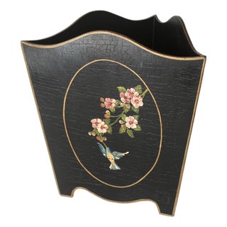 Vintage Chinoiserie Hand Painted Triangular Planter Wastebasket Humming Birds Botanic Motive Mid Century For Sale
