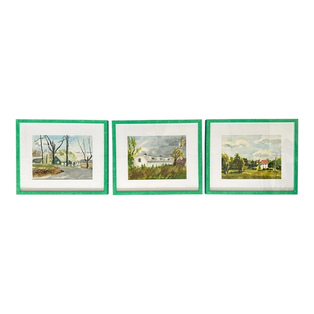 Late 20th Century Vintage Watercolors of Homes Among Trees in New Modern Green Glazed Frames - Set of 3 For Sale