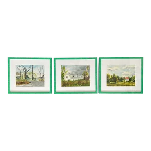 Late 20th Century Vintage Watercolors of Homes Among Trees in New Modern Green Glazed Frames - Set of 3