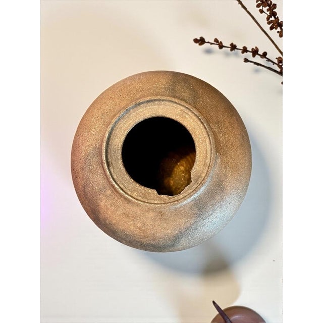 Late 20th Century Carol Green Studio Pottery Lidded Jar-Bronze Vine Finial-Art-Raku Clay-Wabi Sabi For Sale - Image 11 of 11