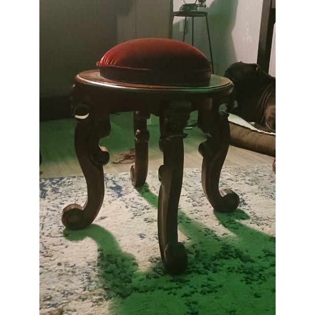 Gorgious French Louis XV Victorian hand carved vanity stool with burgundy velvet pin cushion top.