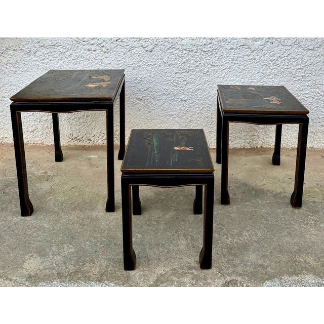 1960s Set of Three Antique Chinese Lacquered Nesting Tables For Sale - Image 6 of 11