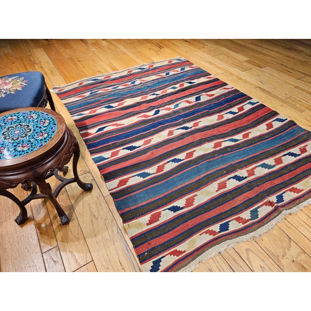 Vintage Caucasian Kilim Rug, Handwoven Wool, Geometric Stripes, Blue & Ivory, 6' x 8' For Sale In Chicago - Image 6 of 8