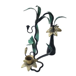 Sculptural Tole Floral Candle Holder With Lilies and Butterfly For Sale