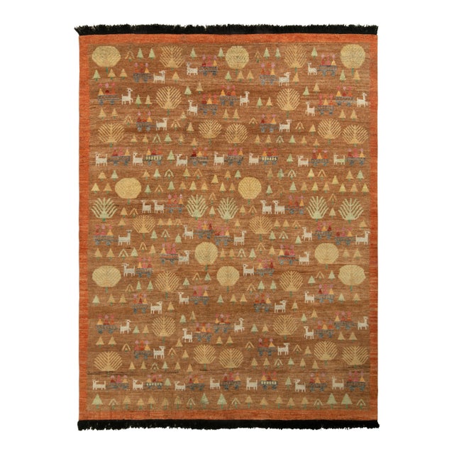 Rug & Kilim Classic Pictorial Folk Art Style Rug in Beige-Brown, Orange Border, 9x12 For Sale