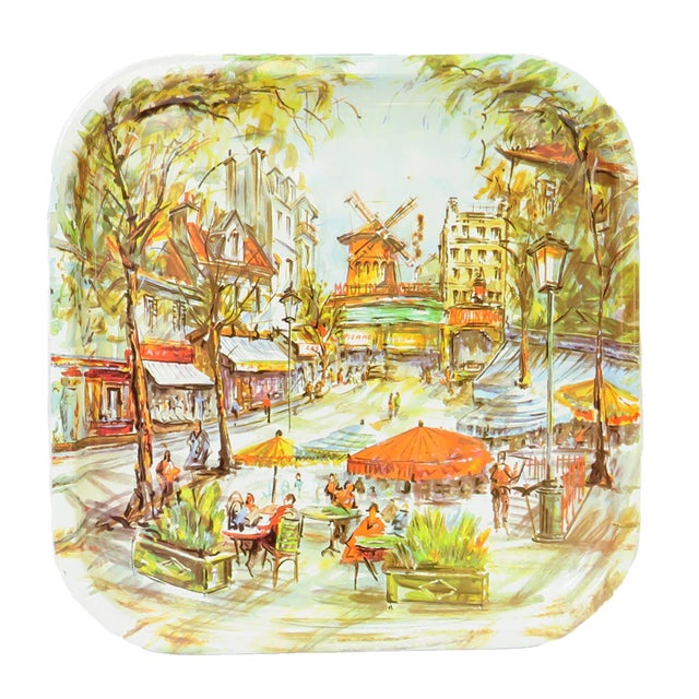 English Daher Tole Metal Tray - Montmartre / Moulin Rouge Paris Scene For Sale