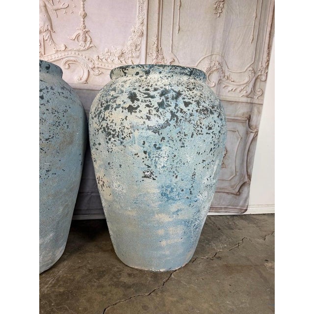 Pair of Large Antique Terracotta Storage Jars With Blue Weathered Patina For Sale In Los Angeles - Image 6 of 12