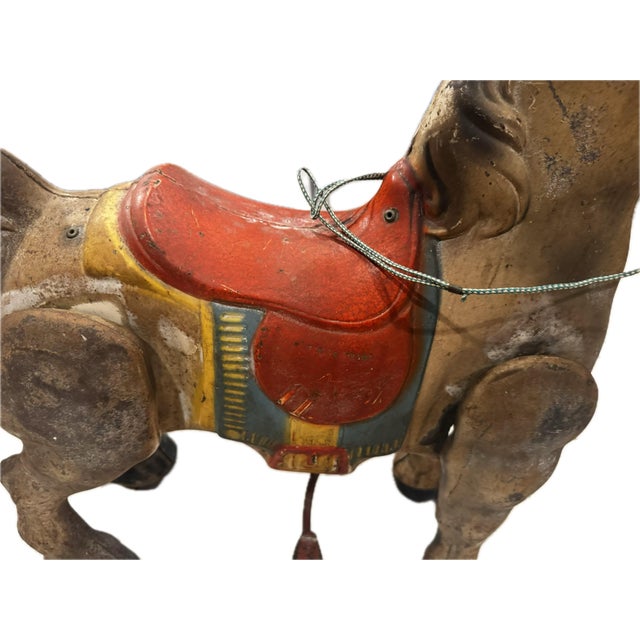 Vintage 1940’s Mobo Horse Bronco Metal Riding Toy Self-Propelled England Wheels. Mid-Century Patina Steel Bouncing, Steering Ride Toy For Sale In Pittsburgh - Image 6 of 10