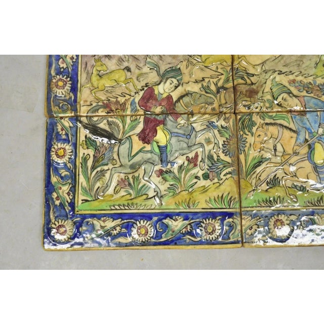 Early 20th Century Antique Persian Iznik Qajar Style Ceramic Pottery Tile Mosaic Hunt Scene C7 For Sale - Image 5 of 10