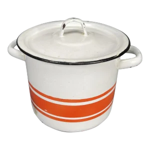 Vintage 1970s-80s Soviet Mid-Century Modern Orange Enamelware Pot With Lid