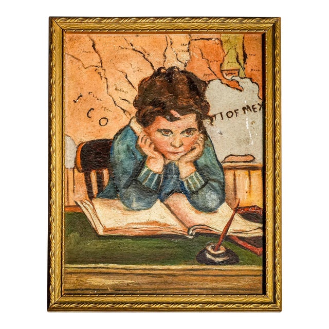 Unusual Antique Framed Oil Painting Portrait Unhappy Student Girl Classroom School For Sale