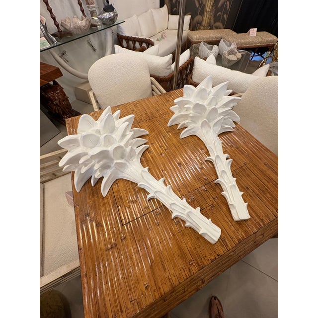 Serge Roche Vintage Palm Beach Pair Serge Roche Style Plaster Palm Frond Wall Light Sconces For Sale - Image 4 of 12
