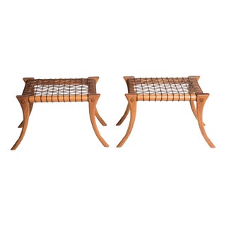 Saber Legged Wood and Brown Woven Leather Stools from Pescetta, Set of 2 For Sale