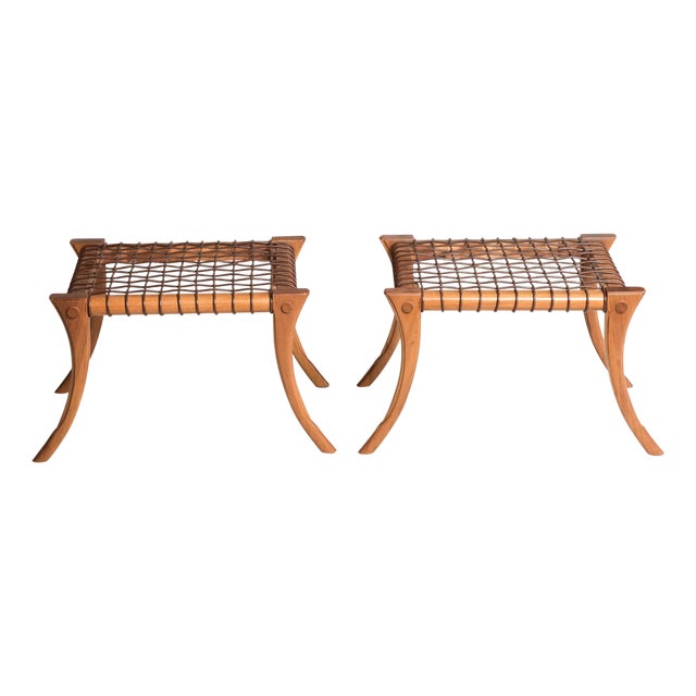 Saber Legged Wood and Brown Woven Leather Stools from Pescetta, Set of 2 For Sale