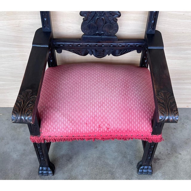 Wood 19th Spanish Colonial Altar Carved Armchair with Red Velvet Seat and Carved Back For Sale - Image 7 of 18