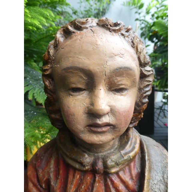Wood 18th Century Spanish Hand Carved Polychromed Saint Statue For Sale - Image 7 of 13