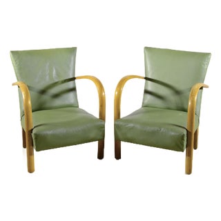 Art Deco Armchairs with Beech Armrests and Spring Padding in Green Skai, 1950s, Set of 2 For Sale