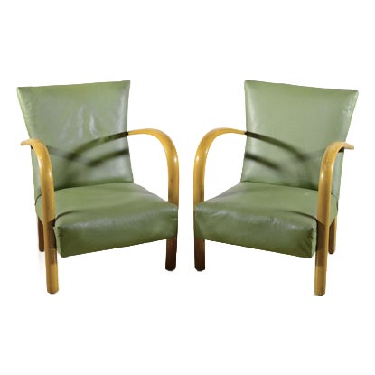 Art Deco Armchairs with Beech Armrests and Spring Padding in Green Skai, 1950s, Set of 2 For Sale