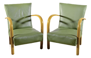 Art Deco Armchairs with Beech Armrests and Spring Padding in Green Skai, 1950s, Set of 2