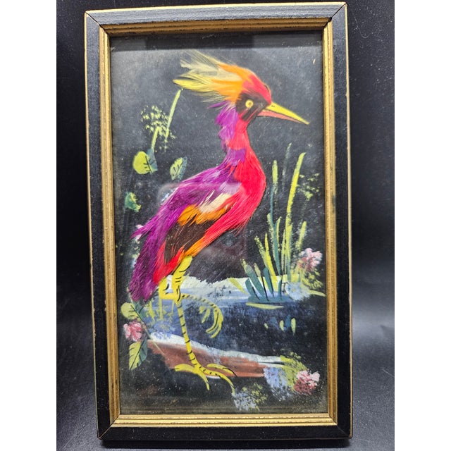 Mexican Vintage Pair of Hand Painted Mexican Feather Art of Birds W/ Real Feathers Framed For Sale - Image 3 of 4