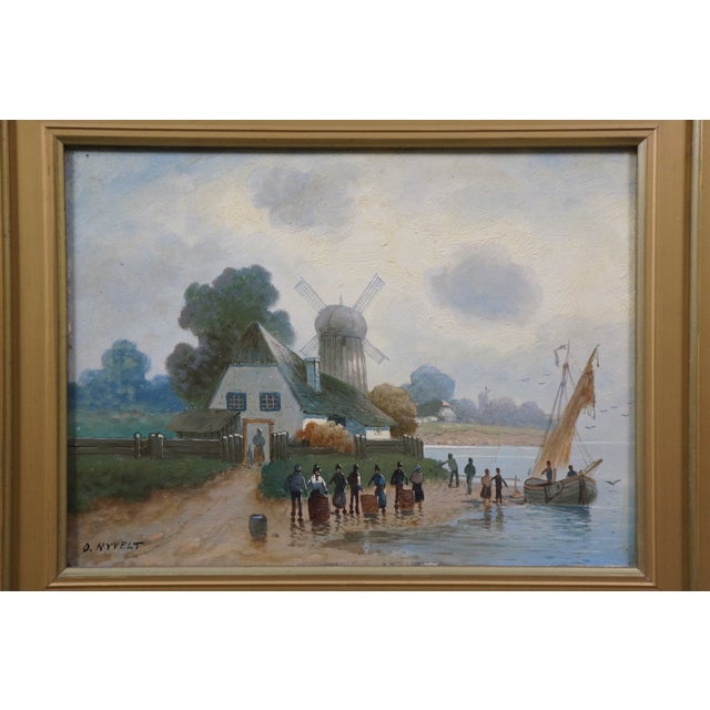Antique Dutch O Nyvelt Fishing Boat Windmill Landscape Oil Painting on Board For Sale - Image 4 of 14