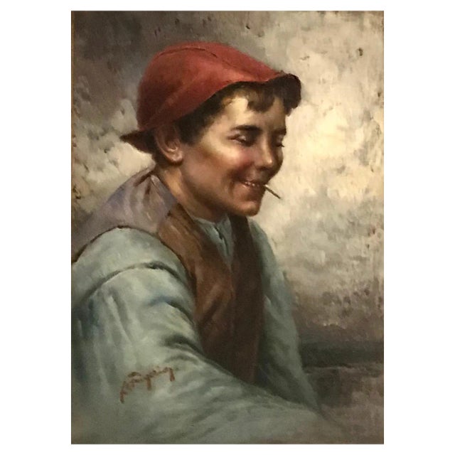Raffaelle Frigerio, Boy with Cigarette, Oil on Wood For Sale