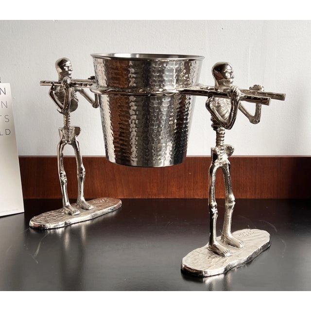 Chrome Macabre Chrome Metal Champagne Ice Bucket With Skeleton Pallbearers For Sale - Image 8 of 9