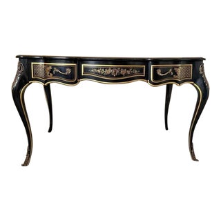1980s Drexel Heritage Chinoiserie Black Laquer and Burlwood Desk For Sale