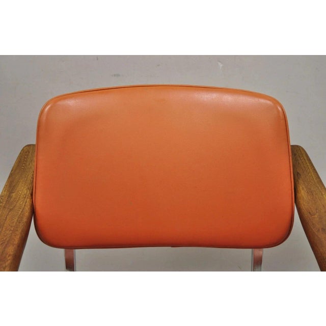 Vintage Mid Century Modern Orange Chrome Frame Sloped Wood Arm Side Desk Chair For Sale - Image 4 of 12
