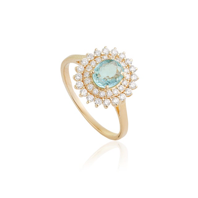 VR Jewels 14k Yellow Gold 1.18 Ct Oval Paraiba Tourmaline & Diamond Double Halo Ring Size 5 For Sale - Image 4 of 18