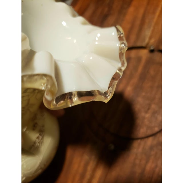 Vintage Fenton Hand-Painted Butterfly Uranium Glass Vase | Satin Custard Ruffled Rim For Sale In Los Angeles - Image 6 of 12