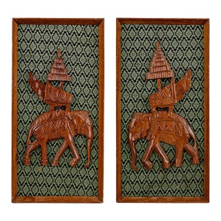 Vintage Thai Teak Wood Wall Hangings Featuring Elephants For Sale