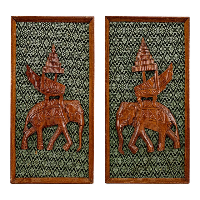 Vintage Thai Teak Wood Wall Hangings Featuring Elephants For Sale