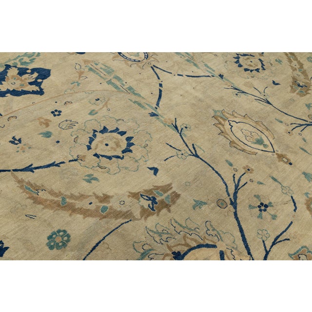 Vintage Tabriz Style Wool Area Rug – Neutral Persian Design With Indigo Accents For Sale - Image 11 of 11