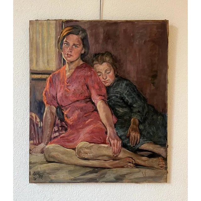 W. Metz, Young Girls at Rest, 1947, Oil on Canvas, in Very Good conditions. Designed 1920 to 1949 This piece has an...