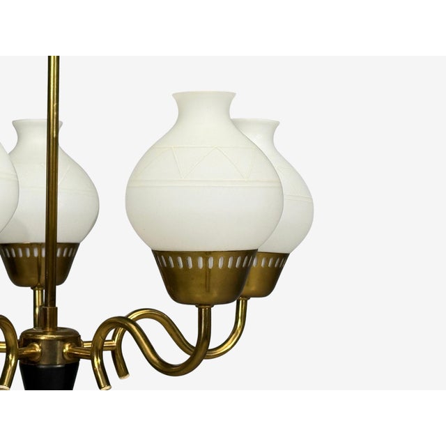 Metal 1950s Danish Modern, Pendant Light, Brass, Etched Glass For Sale - Image 7 of 12