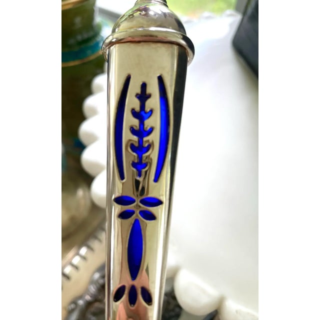 Stunning pair of cobalt blue glass and silver plate serving utensils in beautiful condition.