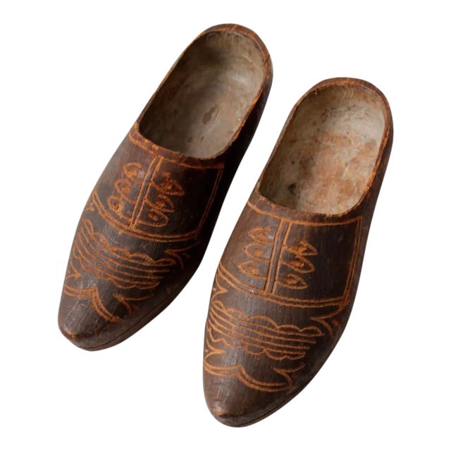 Antique Carved Wooden Clogs Pair For Sale