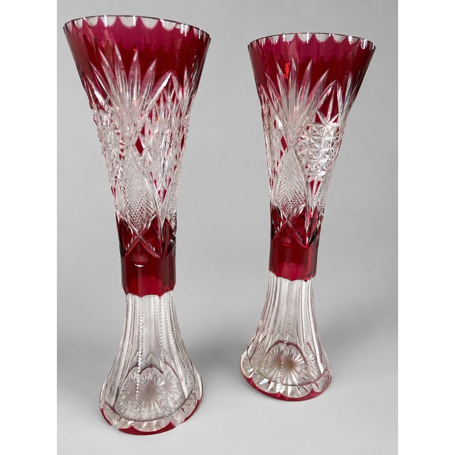 French Early 20thC Bohemian Red Cut Crystal Vases - Pair For Sale - Image 3 of 12