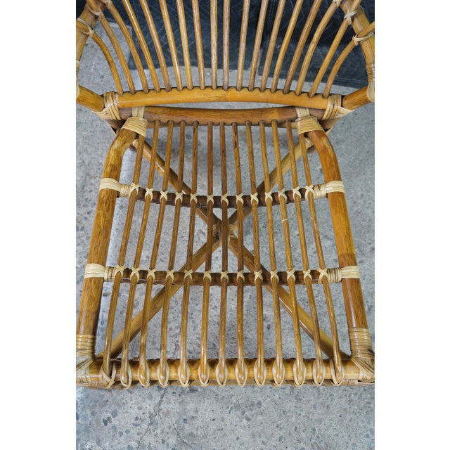 Pair Mid Century Modern Rattan Bamboo Armchairs Boho Sunburst Fan Back Chairs For Sale - Image 12 of 18