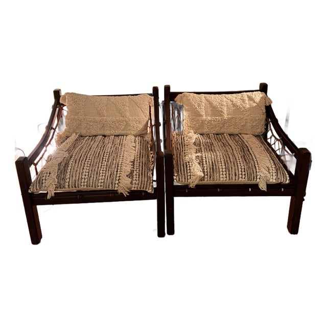 1960s Low Lounge Chairs Attributed to Jean Gillon Tijuca in Rosewood and Rope – Pair For Sale