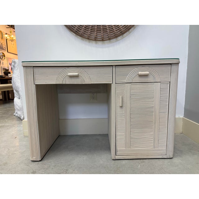 Up for sale this fantastic Vintage tropical Palm Beach pencil reed rattan desk. Gabriella Crespi - style. Features, cream...